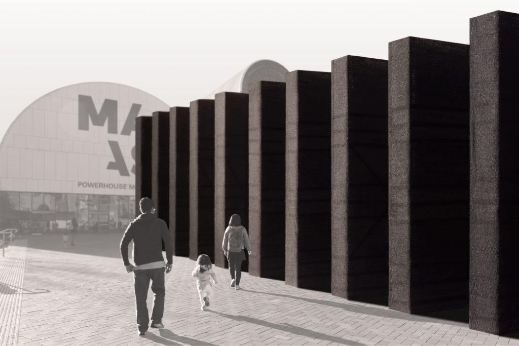 Image of an architectural model depicting columns on the Powerhouse Museum forecourt and a young family walking. 
